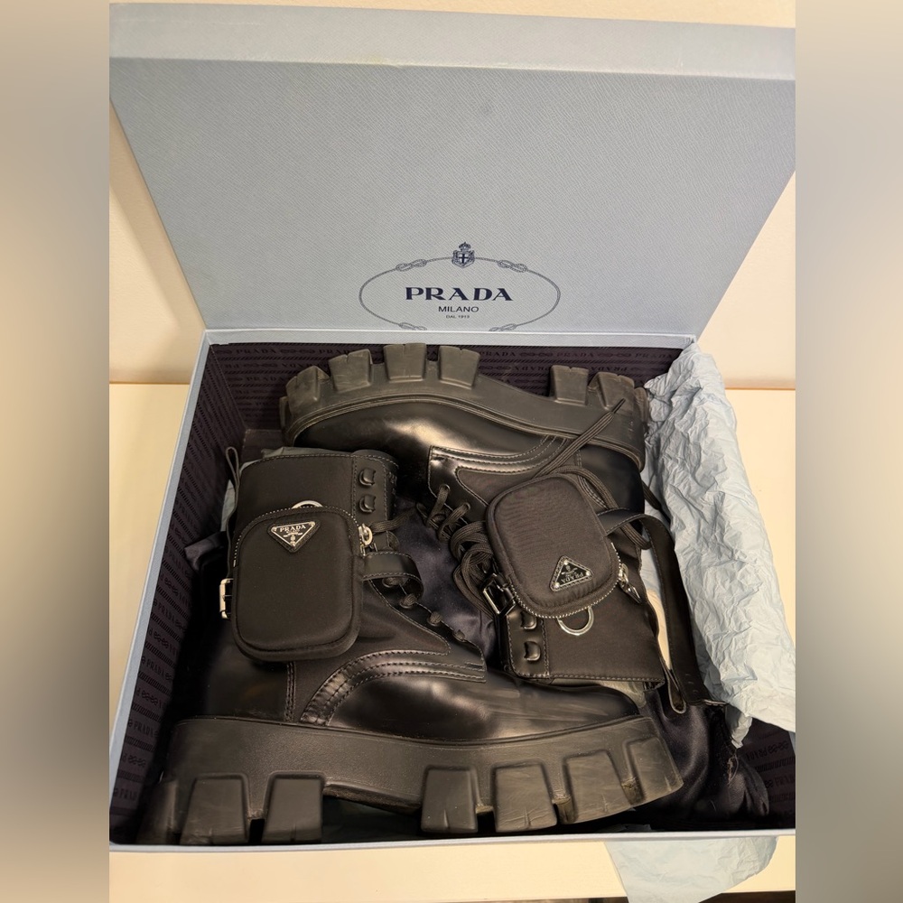 Prada Monolith Combat Boots Black Re-Nylon Leather Pouches EU 40.5 - Picture 5 of 10